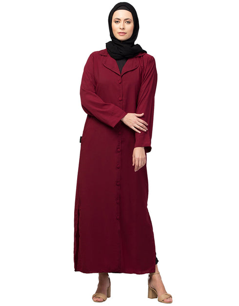 Women Abaya with coat-style collar and self-fabric buttons In the Shade Maroon
